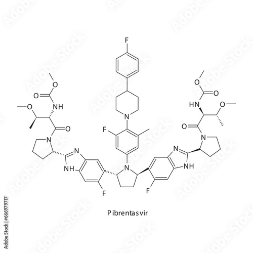 Pibrentasvir  flat skeletal molecular structure Protease inhibitor antivral, NS5A drug used in Hepatitis C treatment. Vector illustration scientific diagram.