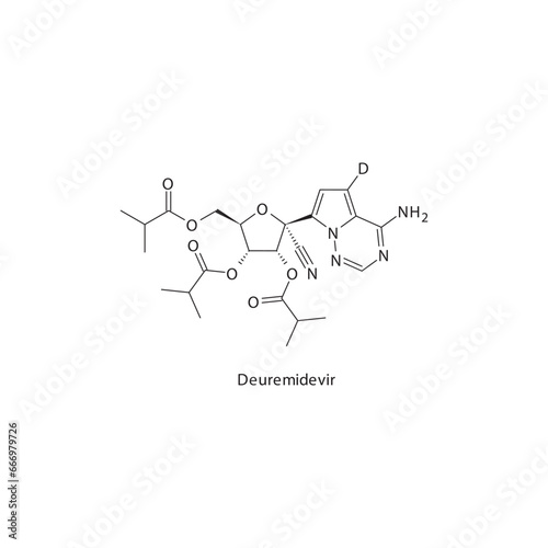 Deuremidevir flat skeletal molecular structure RNA polymerase inhibitor antiviral drug used in COVID 19 treatment. Vector illustration scientific diagram.