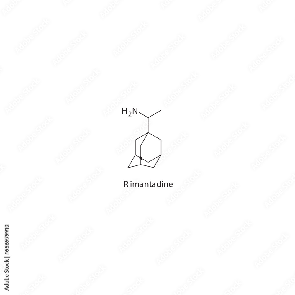 Rimantadine flat skeletal molecular structure M2 inhibitor antiviral drug used in Influenza treatment. Vector illustration scientific diagram. Rimantadine flat skeletal molecular structure M2 inhibitor antiviral drug used in Influenza treatment. Vector illustration scientific diagram.