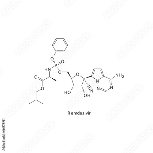 Remdesivir flat skeletal molecular structure RNA polymerase inhibitor antiviral drug used in COVID 19 treatment. Vector illustration scientific diagram.