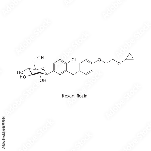 Bexagliflozin flat skeletal molecular structure SGLT2 inhibitor drug used in Type 2 diabetes treatment. Vector illustration scientific diagram.
