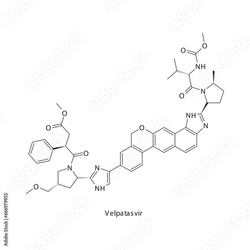 Velpatasvir  flat skeletal molecular structure Protease inhibitor antivral, NS5A drug used in Hepatitis C treatment. Vector illustration scientific diagram.