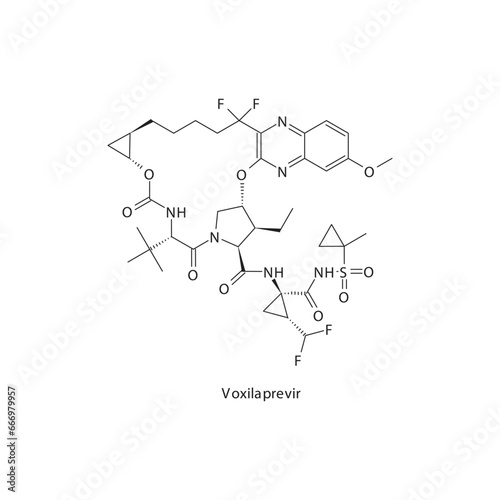 Voxilaprevir flat skeletal molecular structure Protease inhibitor antivral, NS3 4A drug used in Hepatitis C treatment. Vector illustration scientific diagram. photo