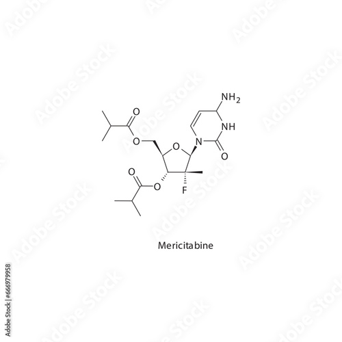 Mericitabine  flat skeletal molecular structure RNA polymerase inhibitor antiviral drug used in Hepatitis C treatment. Vector illustration scientific diagram.