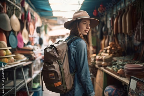 Woman tourist with backpack at city local market. Person face young tourism. Generate Ai