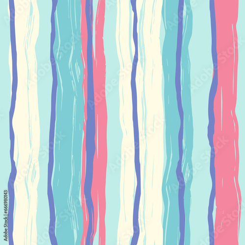 Seamless pattern of colored vertical stripes for summer clothing. Colored pastel stripes are reminiscent of summer and relaxation. Flat vector illustration.