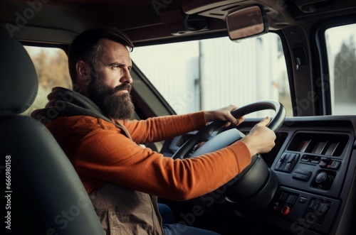 Male truck driver working industry. Cabin mode vehicle trucker delivery. Generate Ai