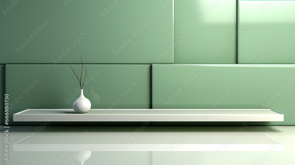 Creative interior concept, green empty wall room with white product stand. Creative interior concept, green empty wall room with white product stand.
