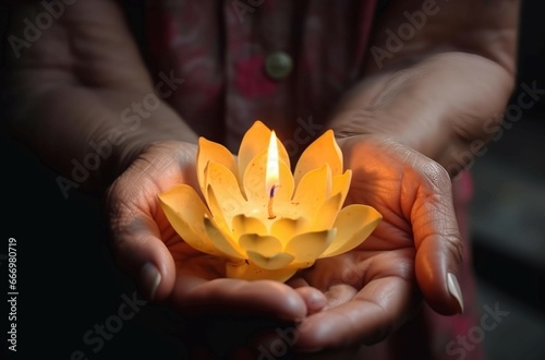 Wax candle lotus flower. Nature candle flame fire in dark. Generate Ai