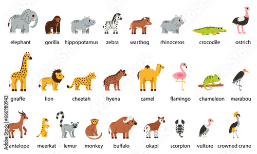 Set of cute African animals with names in cartoon style on white background.