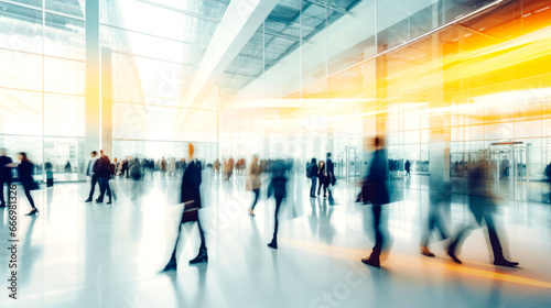 Image of people in the lobby of a modern business center with a blurred background. AI Generated