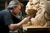 Woodcarver man working on animal. Hand equipment art tool sculpture. Generate Ai