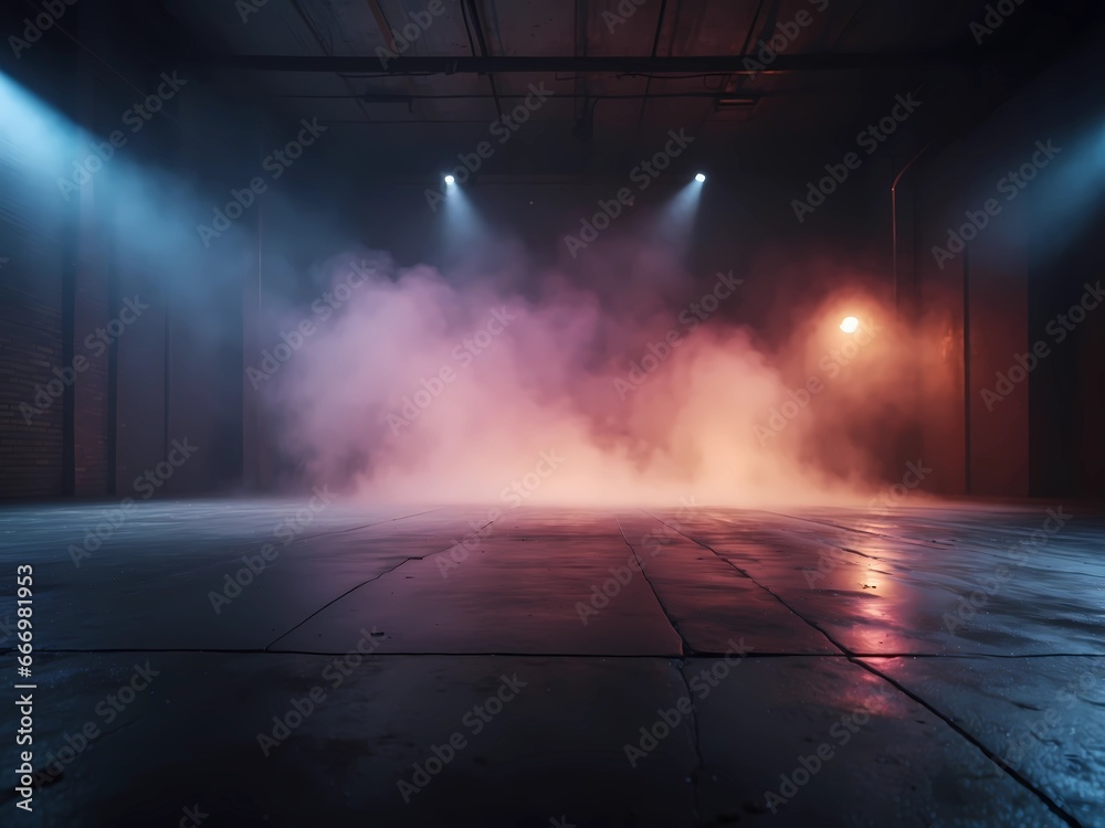 A dark empty street, dark background, an empty dark scene, neon light, spotlights The asphalt floor and studio room with smoke float up the interior texture, Generative AI