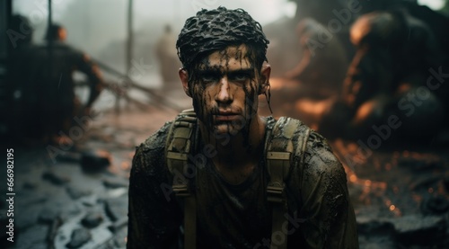 A battle-worn soldier, armed with a deadly weapon, stands defiantly in the midst of an outdoor warzone, captured in a gritty screenshot as mud covers his determined face, embodying the brutality and  photo