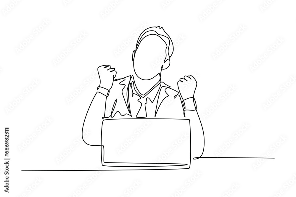 Continuous one line drawing of young happy business man sitting on chair and open laptop to read business contract agreement. Business deal concept. Single line draw design vector graphic illustration Continuous one line drawing of young happy business man sitting on chair and open laptop to read business contract agreement. Business deal concept. Single line draw design vector graphic illustration