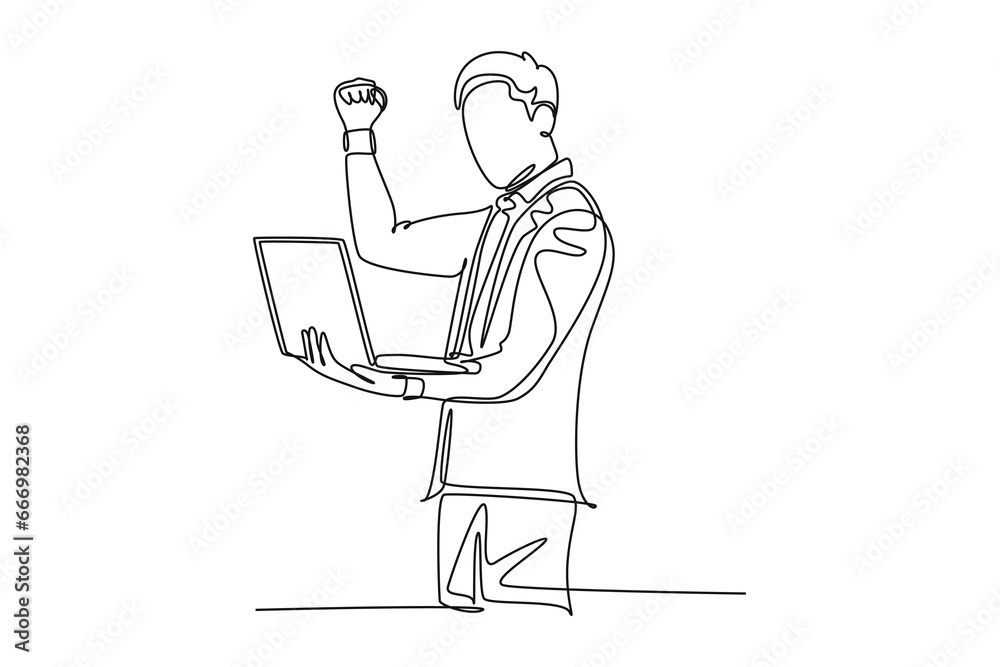 Continuous one line drawing of young happy CEO holding a laptop to read business contract agreement. Business deal successful celebration concept. Single line draw design vector graphic illustration
