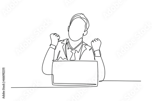 Continuous one line drawing of young happy business man sitting on chair and open laptop to read business contract agreement. Business deal concept. Single line draw design vector graphic illustration