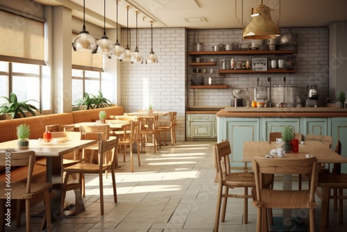 Cozy café interior without people. AI generative
