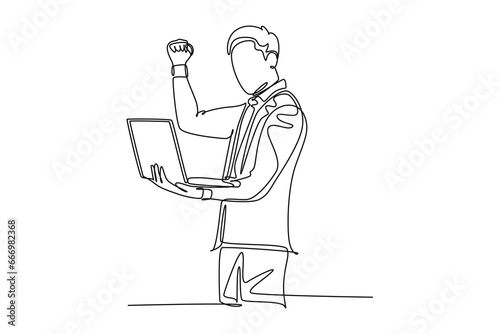 Continuous one line drawing of young happy CEO holding a laptop to read business contract agreement. Business deal successful celebration concept. Single line draw design vector graphic illustration