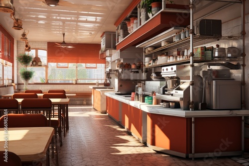 Cozy café interior without people. AI generative