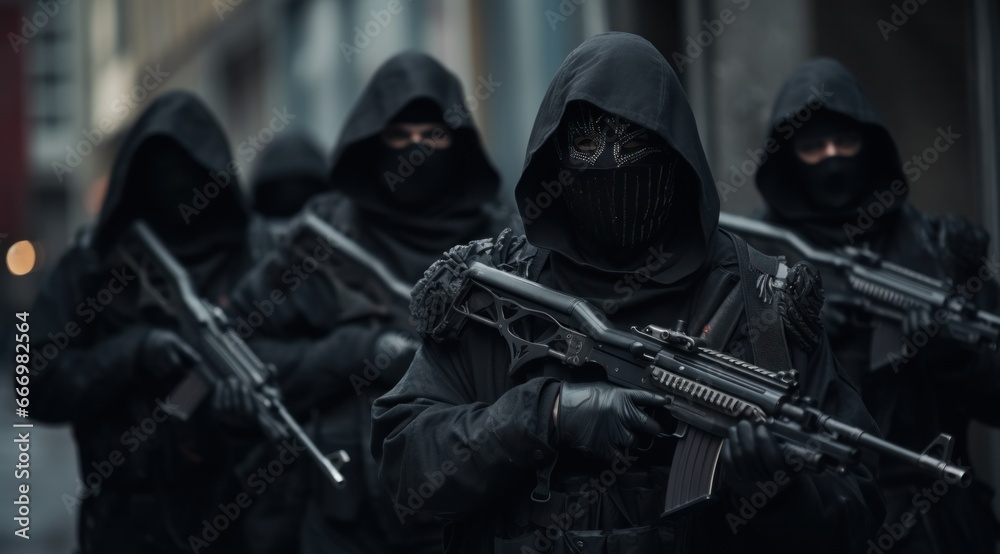 A group of armed individuals dressed in black engage in a chaotic outdoor shooting spree, their weapons of choice ranging from rifles to airsoft guns, evoking a sense of both fear and thrill with the A group of armed individuals dressed in black engage in a chaotic outdoor shooting spree, their weapons of choice ranging from rifles to airsoft guns, evoking a sense of both fear and thrill with the