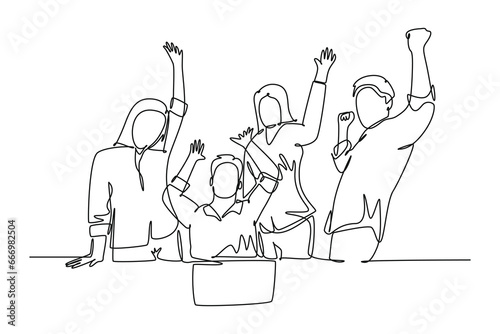 Single one line drawing young happy female start up CEO and his subordinates celebrating their success achieve business target. Team work goal. Continuous line draw design graphic vector illustration