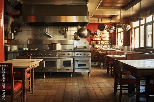 Restaurant kitchen interior without people. AI generative photo