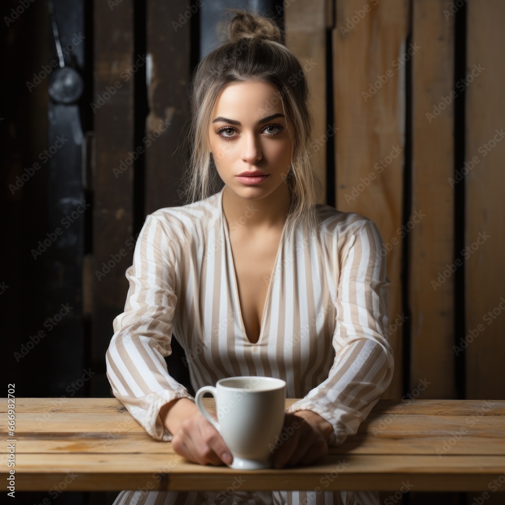 A woman sits at a wooden table, her delicate hand wrapped around a steaming mug of coffee as she gazes at the wall with contemplative eyes, her portrait framed by the indoor setting of serveware and A woman sits at a wooden table, her delicate hand wrapped around a steaming mug of coffee as she gazes at the wall with contemplative eyes, her portrait framed by the indoor setting of serveware and