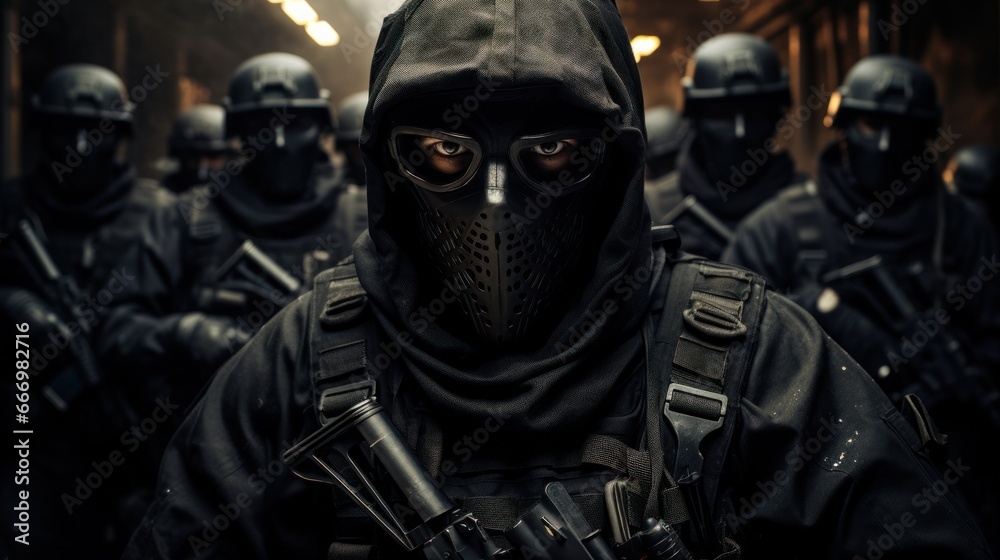 A fierce squad of masked individuals, armed and ready, stands defiantly in the great outdoors, their determined gazes piercing through the darkness A fierce squad of masked individuals, armed and ready, stands defiantly in the great outdoors, their determined gazes piercing through the darkness