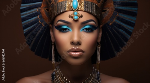 An adorned woman undergoes a transformative makeover, donning a bold lipstick and intricate headpiece while proudly wearing her statement necklace and regal crown, exuding fierce fashion and confiden