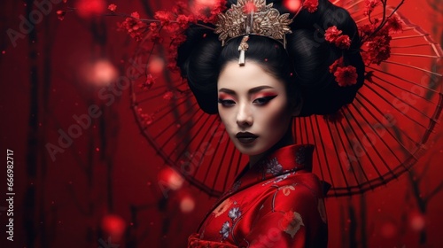 A fiery geisha doll, adorned in a red kimono and crowned with floral beauty, exudes a powerful sense of fashion and personifies the essence of a bold and alluring woman