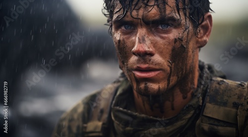 A rugged man, his face caked in mud, stares intensely into the camera in this striking outdoor portrait, embodying the rawness and primal nature of the human experience photo