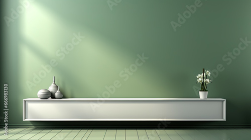 Creative interior concept, green empty wall room with white product stand.