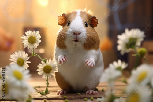 Cute guinea pig standing on hind legs, flowers around photo