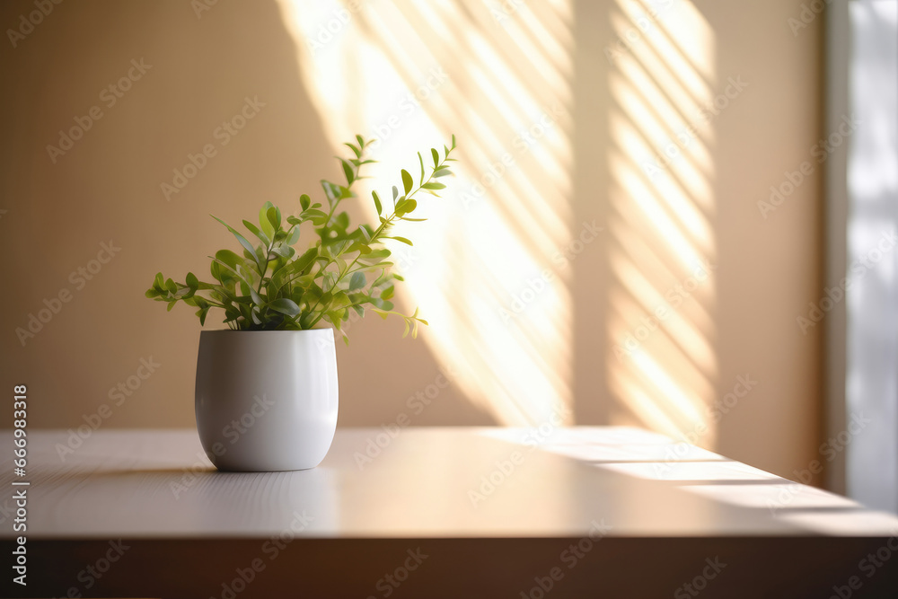 Green flower in a pot on a table in a modern room, bright interior lighting, space for text Green flower in a pot on a table in a modern room, bright interior lighting, space for text