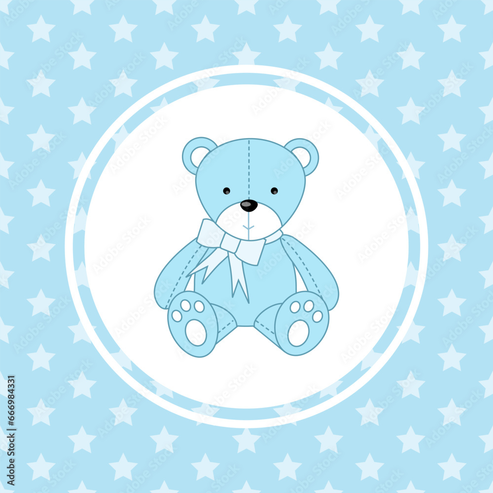 Teddy Bear - cute blue character design, Baby boy arrival card, blue color background with small stars Teddy Bear - cute blue character design, Baby boy arrival card, blue color background with small stars