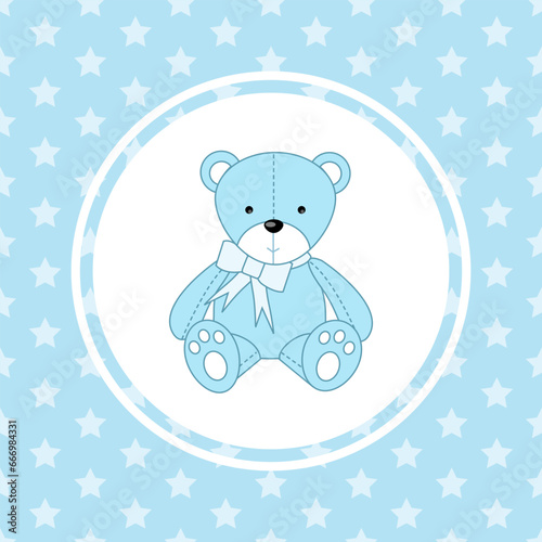 Teddy Bear - cute blue character design, Baby boy arrival card, blue color background with small stars