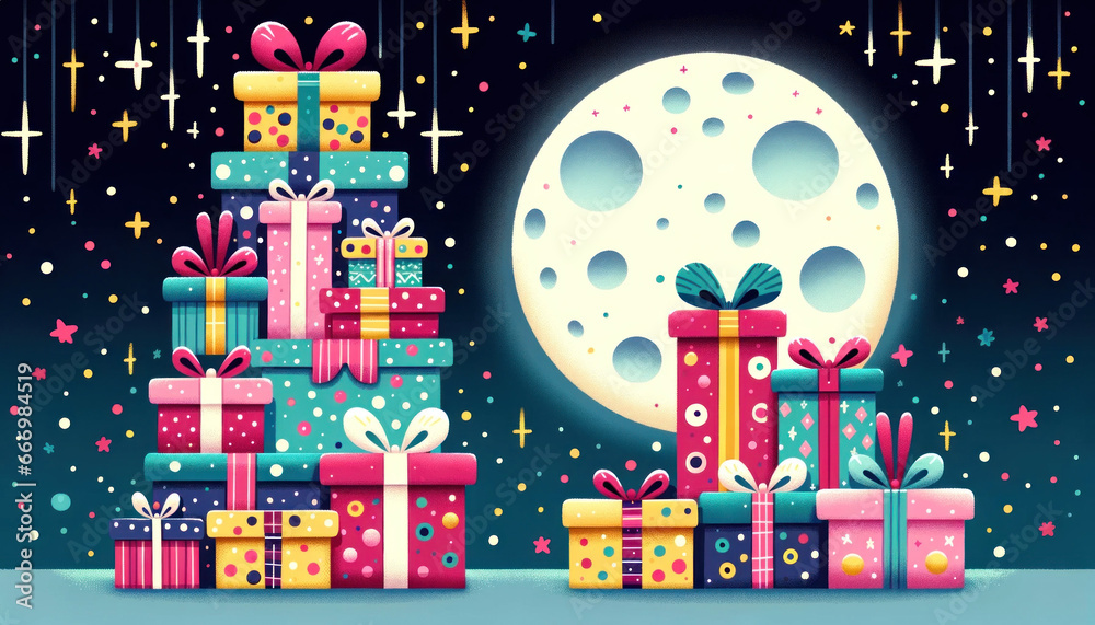 Whimsical Stacks of Colorful Christmas Gifts under Starry Night Whimsical Stacks of Colorful Christmas Gifts under Starry Night