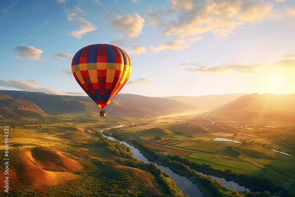 A hot air balloon flying over some plains