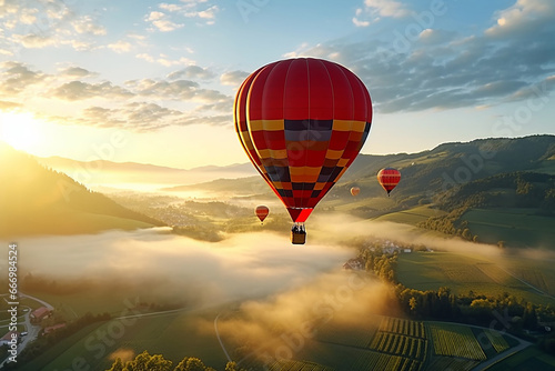 A hot air balloon flying over some plains