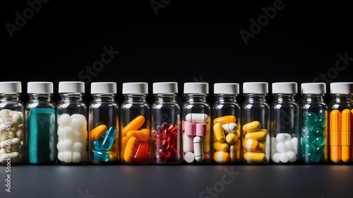 A variety of pill bottles and capsules isolated on a black background, highlighting health, treatment, and pharmaceutical concepts.