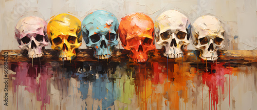 Skulls and bones pattern, texture painting with oil brush stroke, palette knife paint on canvas