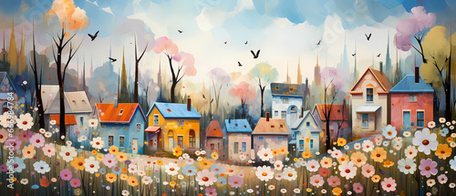 Village houses,Village houses with early flowers, springs and beautiful nature early flowers, springstexture painting with oil brush stroke, palette knife paint on canvas