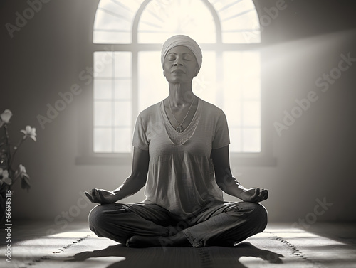 Serene woman in lotus pose practicing yoga in a spacious bright room