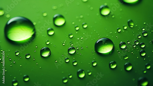 Water droplets on green background