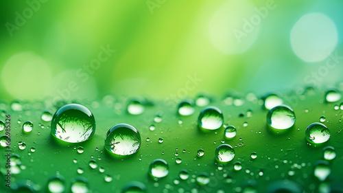 Water droplets on green background