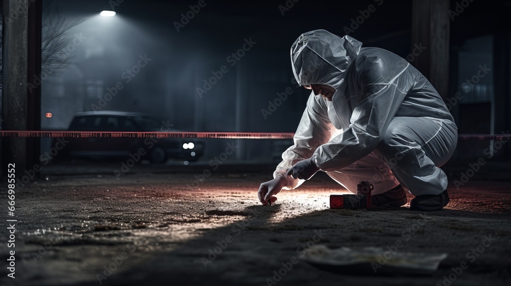 Crime scene investigation with forensic scientists analyzing evidence, DNA, and blood samples, highlighting forensic science, evidence analysis, and crime scene examination. - obrazy, fototapety, plakaty 