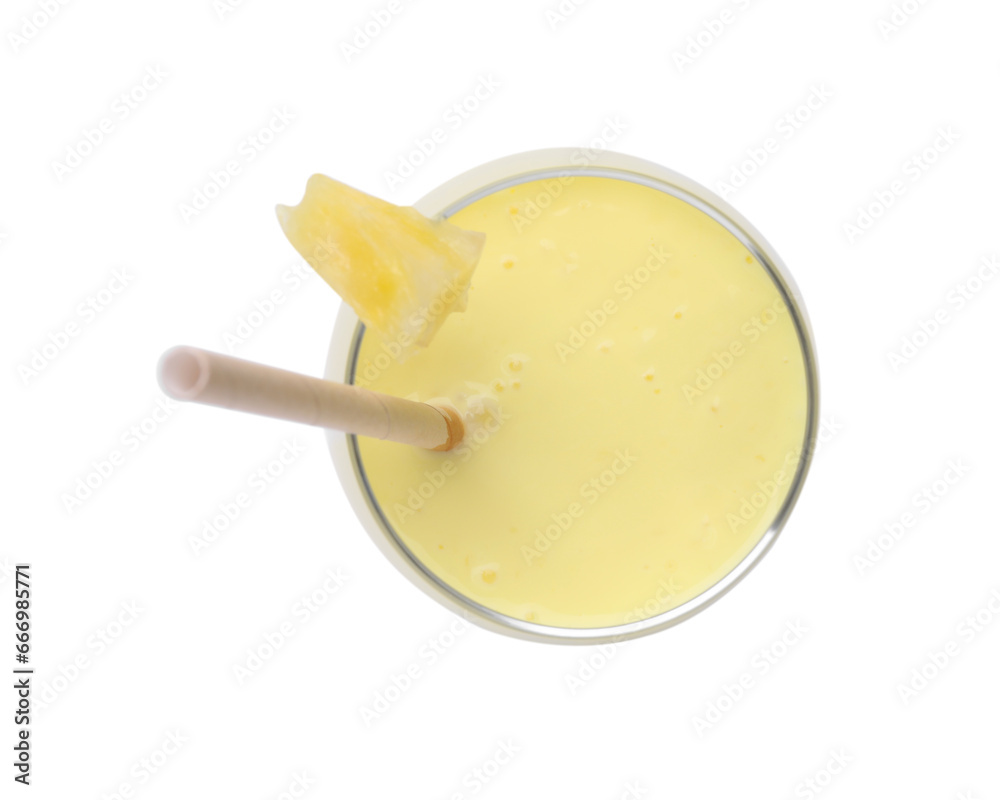 Tasty pineapple smoothie in glass with slice of fruit isolated on white, top view Tasty pineapple smoothie in glass with slice of fruit isolated on white, top view