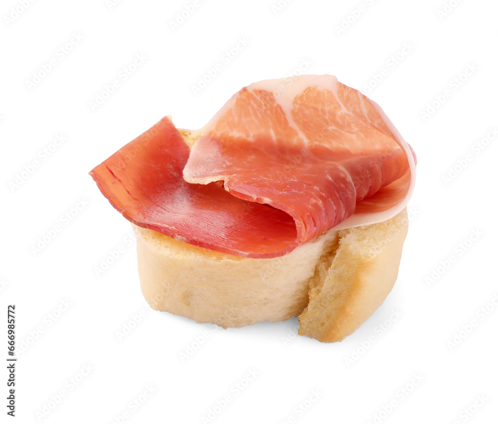 Tasty sandwich with cured ham isolated on white