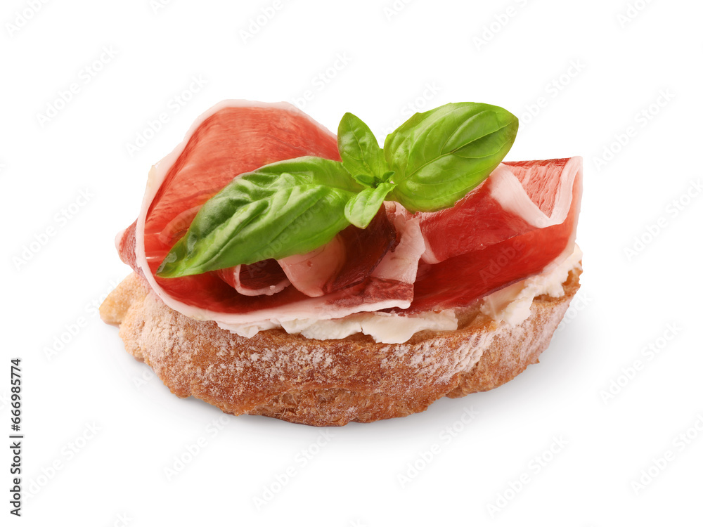Tasty sandwich with cured ham and basil leaves isolated on white Tasty sandwich with cured ham and basil leaves isolated on white